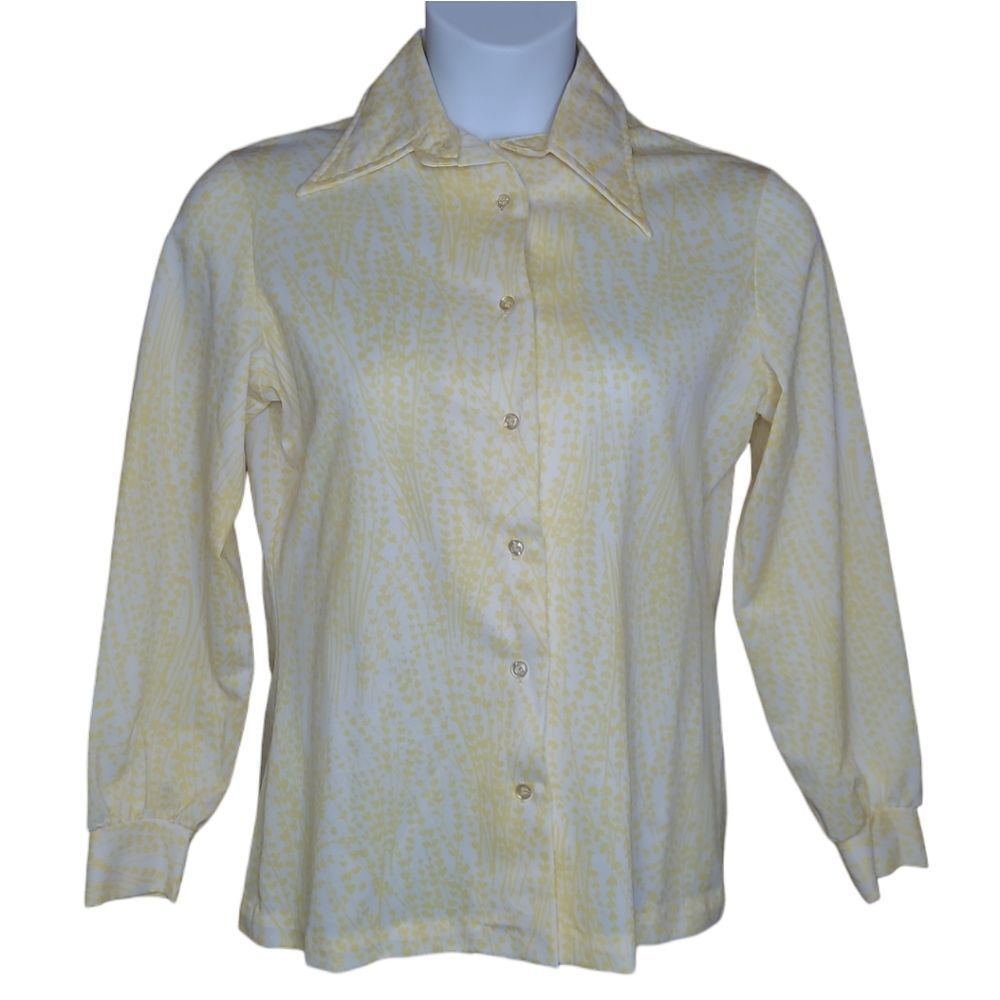 VINTAGE 70s yellow tiny floral pointed‎ disco collar button up shirt M